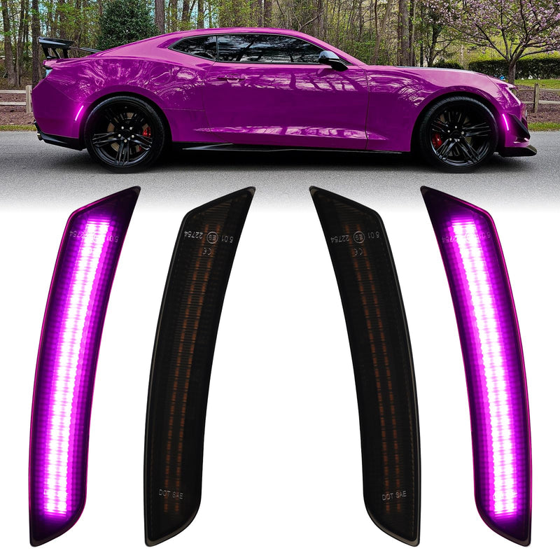 Pink Purple LED Side Marker Lights for Chevy Camaro 2016 2017 2018 2019 2020 2021 2022 2023 Front Rear Fender Bumper Reflectors, Smoked Lens Pink Purple