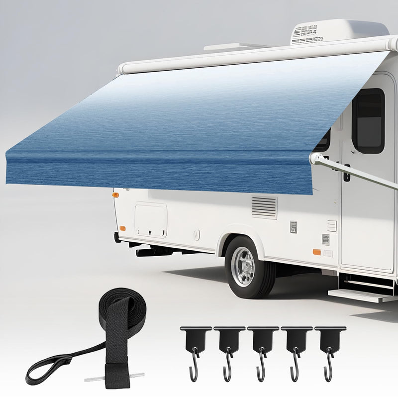 RV Awning Fabric Replacement - Heavy-Duty 19oz Awning Replacement for Camper, Trailer & Motorhome | RV Awning Fabric with with 5 Hooks| Weatherproof Outdoor Canopy 16' (Fabric 15'2") - Blue Fade 16FT(Fabric15'2'') Bule Fade