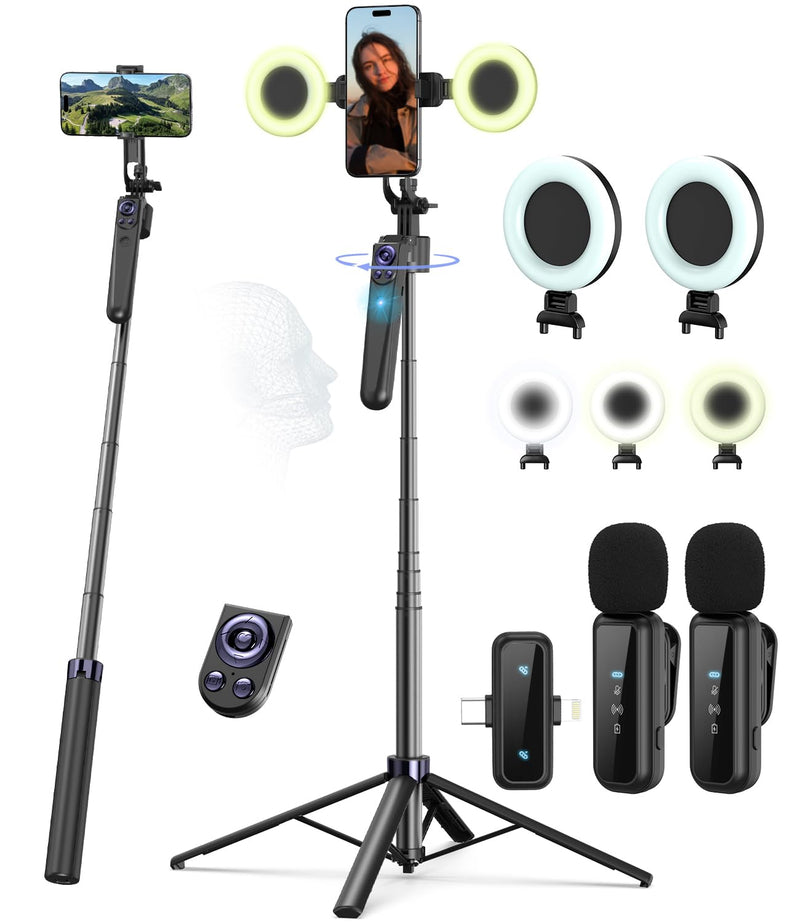Vlogging Kit for iPhone/Android, 63”Auto Face Tracking Tripod for iPhone with Light, Wireless Microphones, Scrolling Remote Control for TikTok, Content Creator Kit for YouTube Starter Auto Face Tracking Tripod with Mic