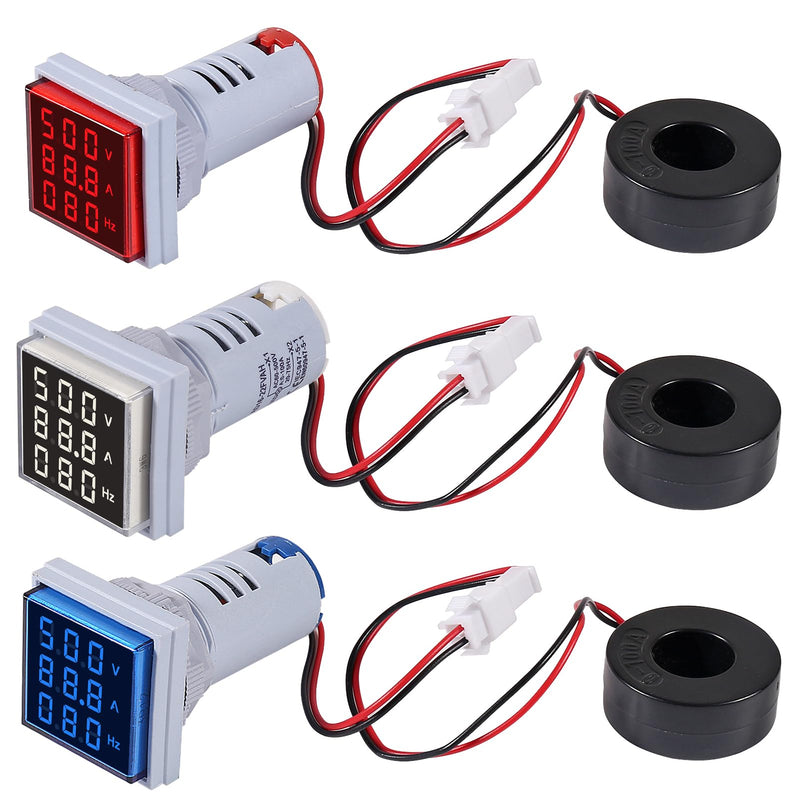 3PCS Square LED Digital Voltmeter Ammeter Hertz Meter AC20-500V Signal Lights Voltage Current Frequency Combo Meter Indicator Tester with CT（White+Blue+Red） White+Blue+Red