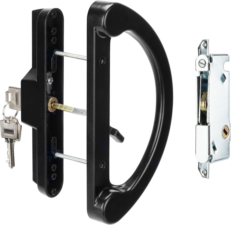 Sliding Glass Door Handle with Lock, Replacement Patio Door Locks, Sliding Glass Door Lock Patio Door Handle with Key Cylinder, Fits Hole Pitch Doors with 3-15/16 Inch Hole Pitch, Black