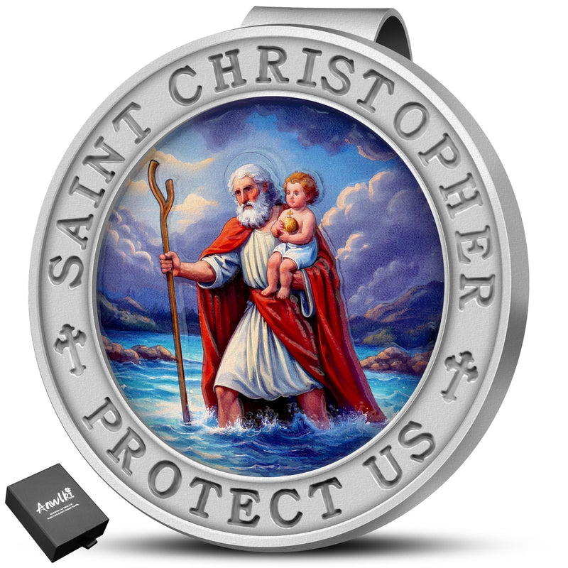 Saint Christopher Medal for Car, Colorful 3D Relief St Christopher Visor Clip Bless Driving Safety Religious Gift for Parent, Family, Friend, Driver (1) 1