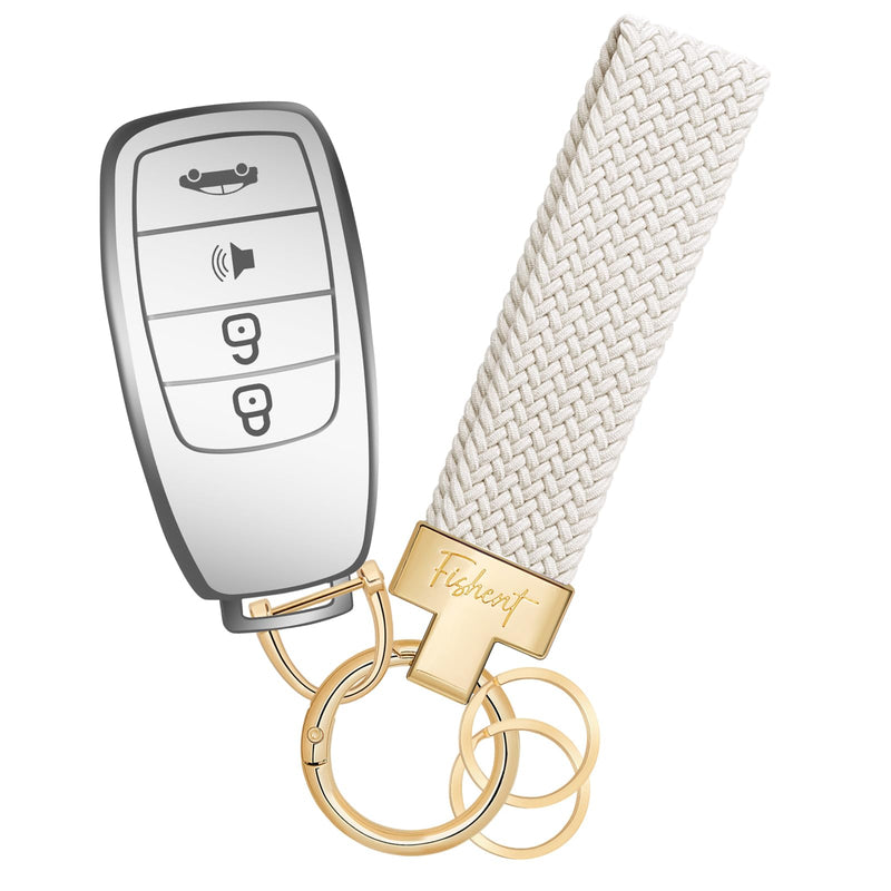 Fishent Stretchy Car Keychain, Nylon Braided Cool Key Chain for Women Men, Universal Key Fob Holder with 3 Keyrings, Anti-Lost D-Ring, Car Accessories, Starlight