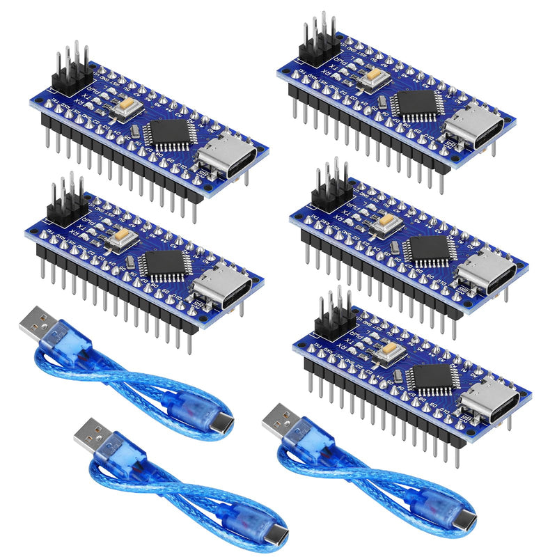 5pcs Nano V3.0 Board with Cable ATmega328P MCU CH340G Chip 5V 16M Microcontroller Compatible with Arduino Nano (Soldered, Type-C Port) 5pcs Type-C