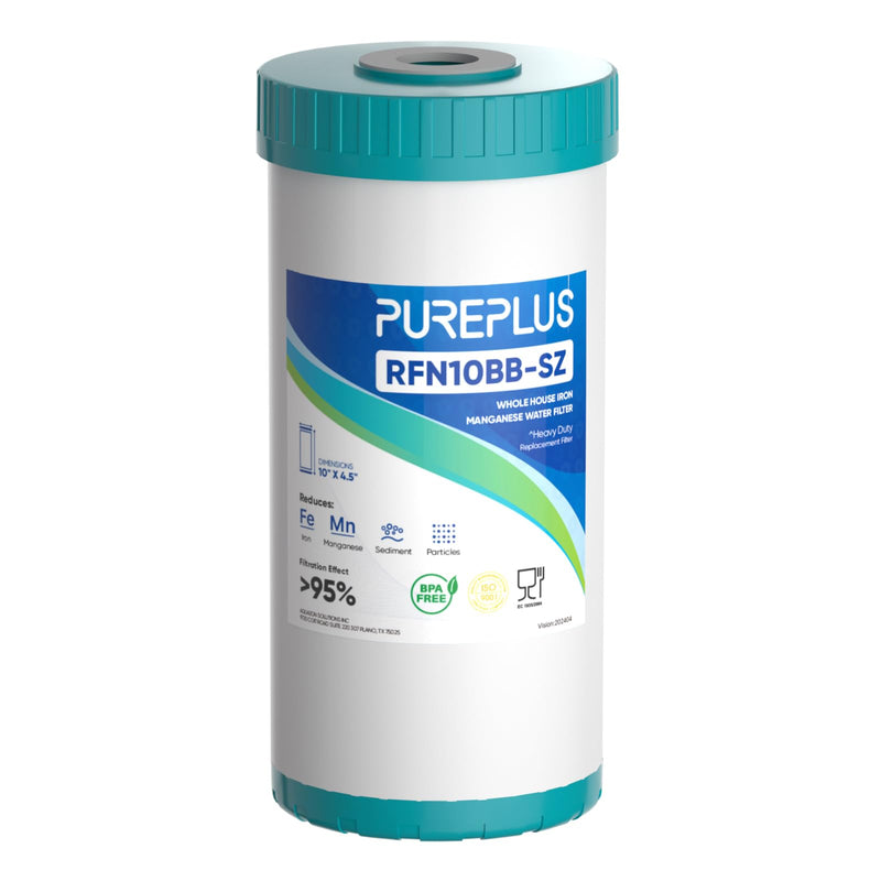 PUREPLUS 5 Micron 10" x 4.5" Whole House Iron & Manganese Reduce Water Filter Replacement for FM15B, WD-WF10F, RFFE10-BB, RFN10BB-SZ, 10-Inch, Pack of 1 lron & Manganese Removal Filter