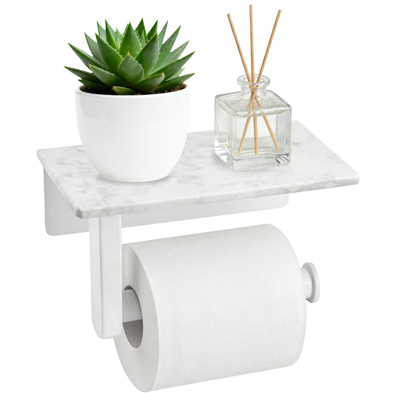 Toilet Paper Holder with Natural Marble Shelf, Wall Mounted Tissue Holder, Modern and Durable Bathroom Accessory for Bathroom Washroom (White) White