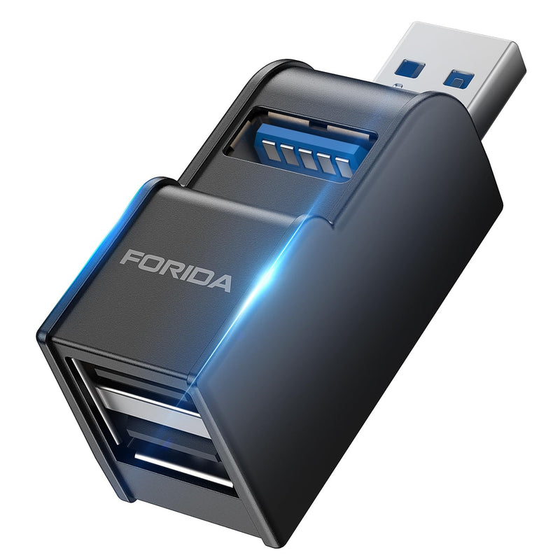 FORIDA 3 Ports USB Adapter, USB Hub with USB 3.0 and Double USB Adapter, Portable USB Splitter 1 in 3 Out for Keyborad, Mobile Hard Disk, U Disk, Camera, Mouse etc (Black) Black