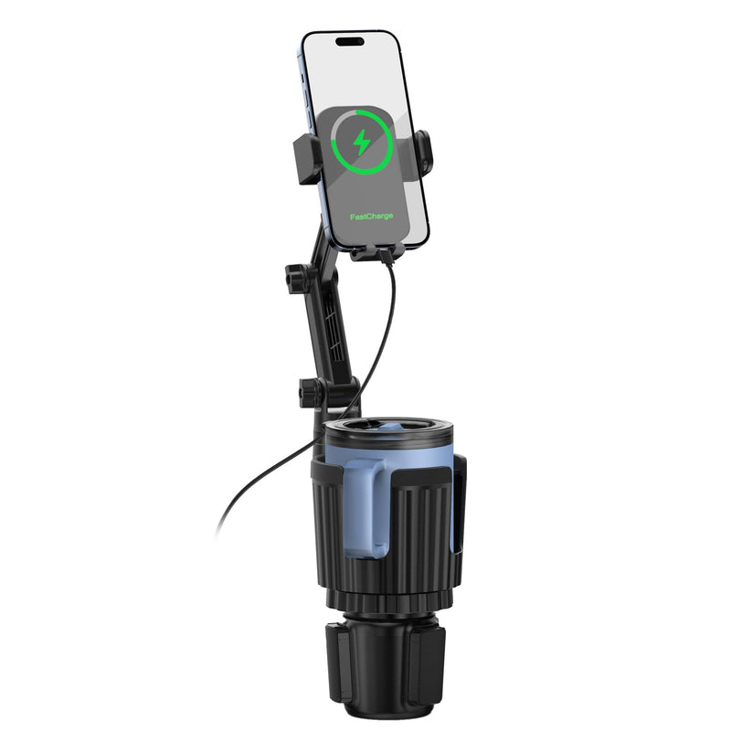 2 in 1 Auto-Clamping Cup Phone Holder for Car, 15W Fast Wireless Charging Cup Holder Phone Mount with USB-C Cable and 12V Car Adapter, Adjustable Car Cup Expander for Large Bottles
