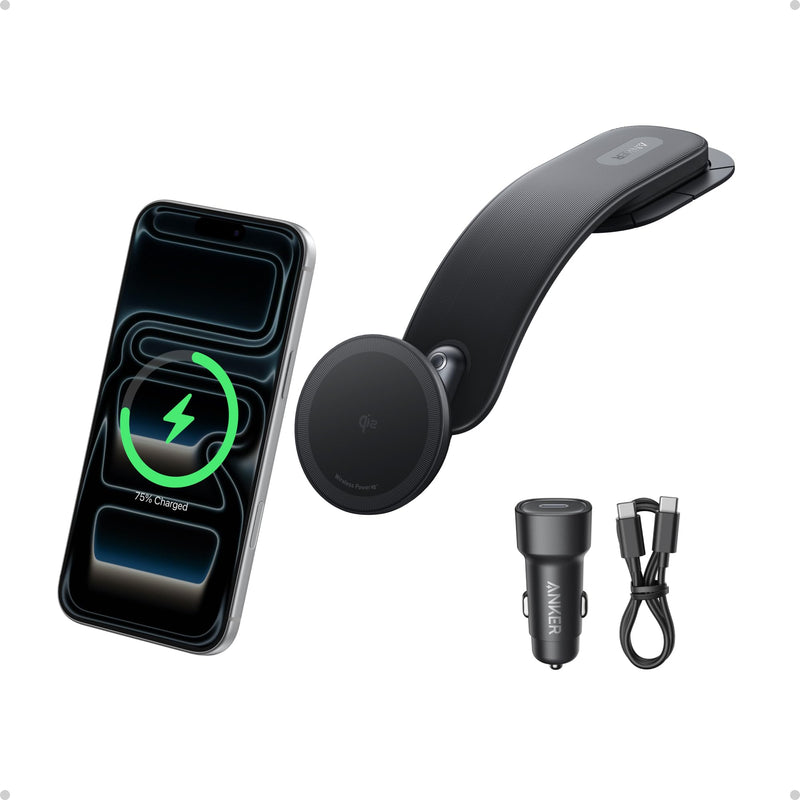 Anker Nano Magnetic 15W Car Charger with Alloy Bracket Wireless | Qi2-Certified 360-Degree Adjustable Mount with Detachable Pad, for iPhone 17 / 16 / 15 / 14 / 13 Series (Adapter Included)