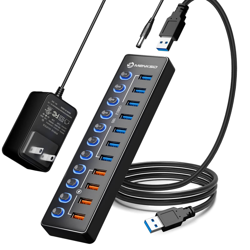 Powered USB Hub, MENKSID 11-Port USB Hub, 7 USB 3.2 Data Transfer Ports + 4 Smart Charging Ports, Independent Switch (with LED Power Indicator), USB 3.2 Hub Powered with Power Adapter for Mac, PC USB3.2-P7+4