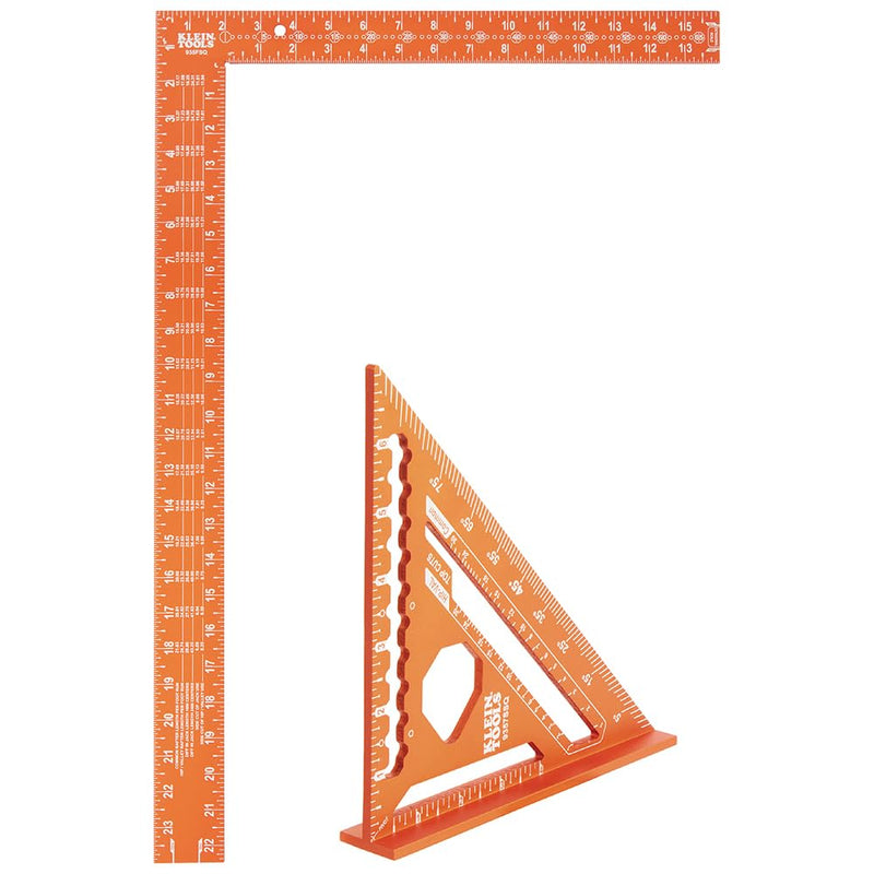 Klein Tools 935SQVP 7-Inch Rafter and 16 x 24-Inch L-Shaped Framing Square Set, Double Laser Etched Aluminum, Multi-Functional Carpenter Layout Tool for Woodworking Rafter and Framing Square Set