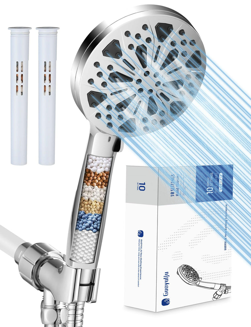 Filtered Shower Head with Handheld and Hose, 10 Spray Modes High Pressure Showerhead for Hard Water, Water Saving Removable Filter with Beads, Chrome Finish, WaterSense & CUPC Certified