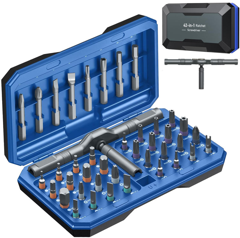  [AUSTRALIA] - 42 in 1 Magnetic Screwdriver Set, AMIR Screwdriver Set with 40 PCS Magnetic Bits, Ratcheting Screw Driver with Rotatable Ratchet Handle, Ratchet Screw Driver Kit with Carry Case Blue