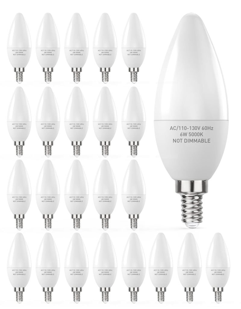 PARTPHONER E12 LED Light Bulbs B11 Candelabra Bulbs 60W Equivalent, Non-Dimmable 6W LED Candle Chandelier Bulb 600 Lumen, 5000K Daylight White, Pack of 24 24 Count (Pack of 1)