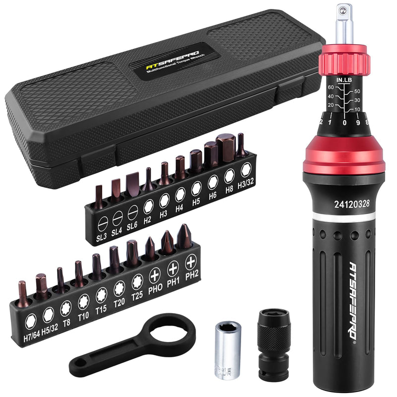 ATsafepro Torque Screwdriver 10-60 in.lb,21 Pcs Inch Pound Torque Screwdriver Set -1/4" Elastic Bit Holder and Bit Holder, Buckle Clamp, Flat, Hex, Torx, Philips, Fit for Bicycle, Tool Maintenance Mechanical - 10-60 in.lb/1.1-6.8 Nm