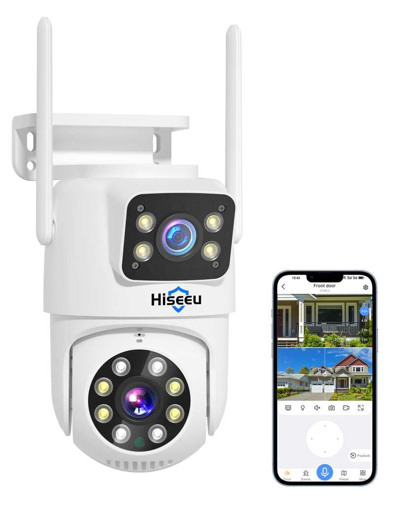Hiseeu Wireless Security Camera, 5G/2.4G WiFi,Dual Lens View, Pan-Tilt- Zoom Control, Full Color Night Vision, Smart Motion Detection, Auto Track,Two-Way Audio, IP66 Waterproof, Plug-in Cable Gray