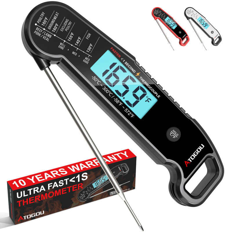 Professional Food & Meat Thermometer, 1 Sec Instant Read & ±0.5℉ Accuracy Driven by Thermocouple Sensor. IP67 Waterproof Digital Thermometer for Cooking, BBQ, Grill Gifts for Men Him Dad Birthday Black