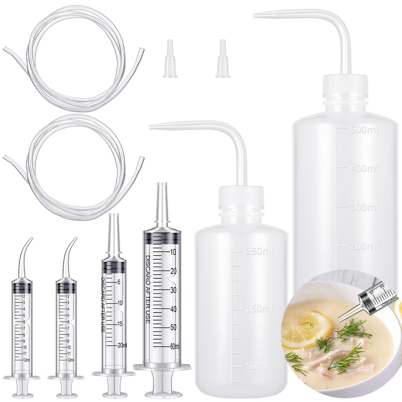 Geiserailie 8 Pcs Soft & Liquid Diet Kit 2 Large Plastic Syringe with Tube 2 Wash Bottles Squeeze 2 Curved Syringes Recovery Supplies for Eating and Drinking Liquid Food