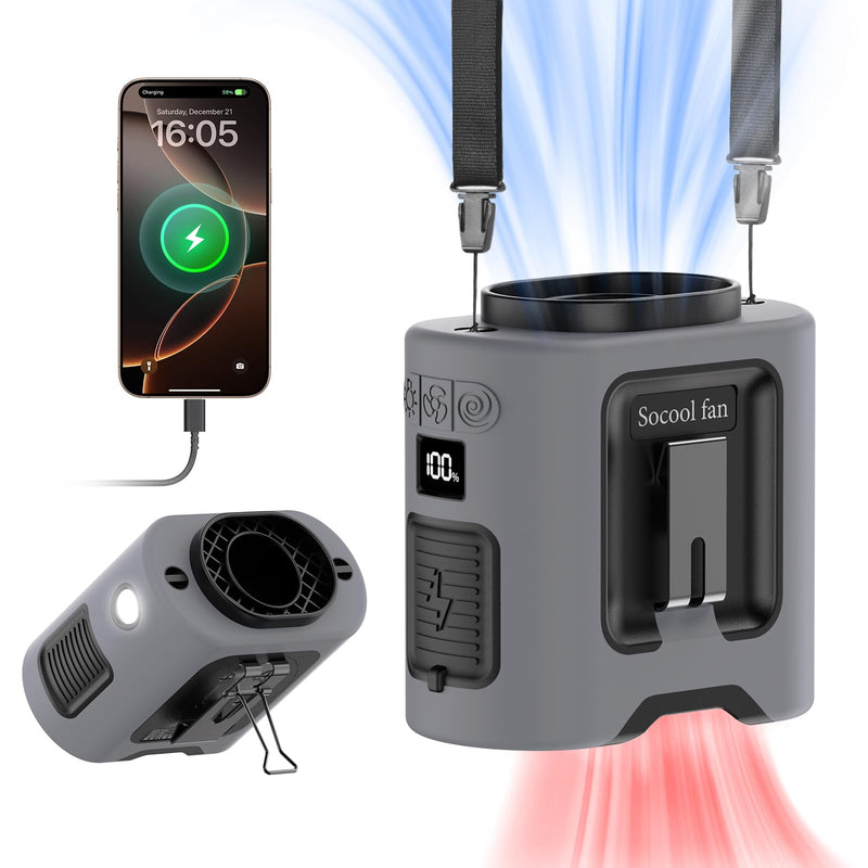 Socool 14500mAh Portable Waist Fan Clip on Belt 360 Rotation Wearable Rechargeable Personal Shirt Fan, 67H Cooling 5-Speed Battery Operated Fans with Light, Neck Fan Hanging for Outdoor Camping Travel Gray
