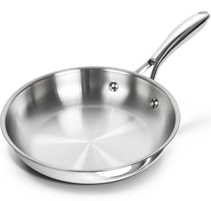 MICHELANGELO Stainless Steel 8 inch Frying Pan, Small Skillet with Triply Base, Stainless Steel Pan with Ergonomic Handle, Induction Compatible Silver 8-Inch w/o Lid