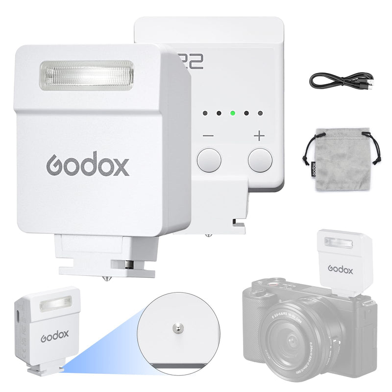 Godox iM22 Camera Flash Mini Flash 470mAh 440 Full-Power Flash | 5 Levels for Sony zve10,zv1 etc, Canon, Nikon,Fuji, Olympus Cameras White