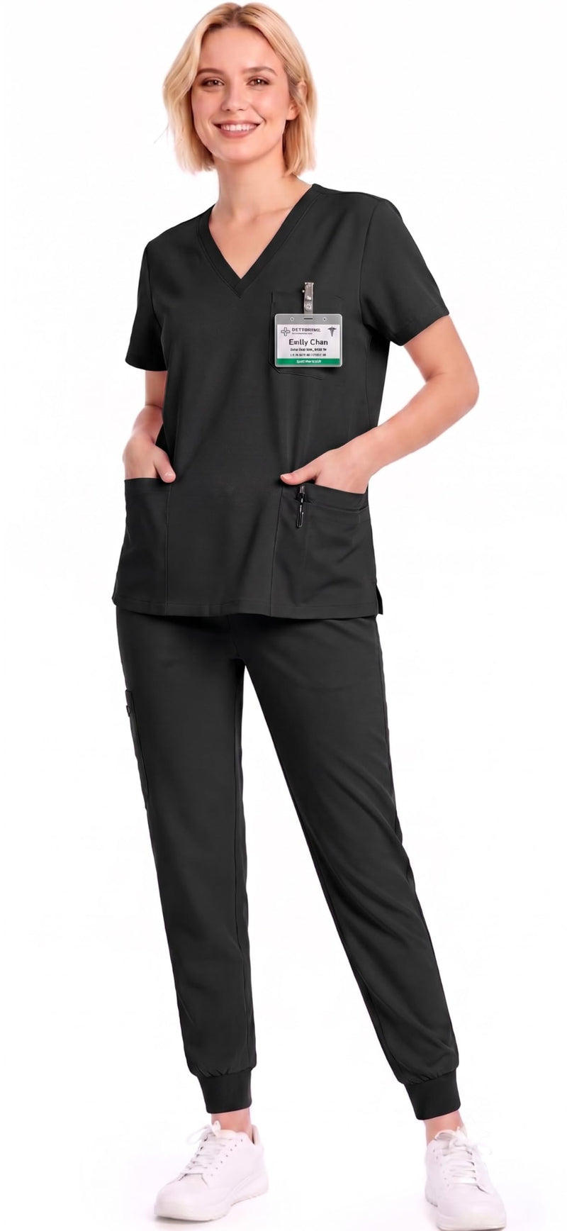 Scrubs for Women Set, V-Neck Short Sleeve Top & Jogger Pants | Soft Stretch Scrub Set, All-Day Comfort, 9 Functional Pockets and Breathable Fabric for Long Nursing Shifts Standard Medium Black