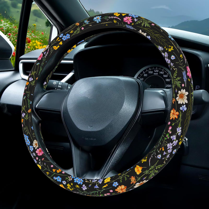 Wildflower Car Steering Wheel Cover, Flower Car Accessory for Diverse Cars, Cute Floral Print Steering Wheel Cover Protector for Women, for Steering Wheel with a Diameter of 14.5"-15" (Wildflower) Wildflower