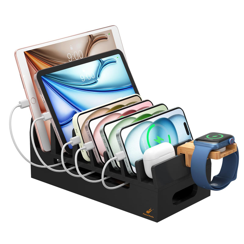 Pezin & Hulin Bamboo Charging Station with Watch Stand, Docking Holder for Multi Device with 5 Charge Cables, Desktop Dock Stations Electronic Organizer for Cellphone, Tablet, Watch-Black Black