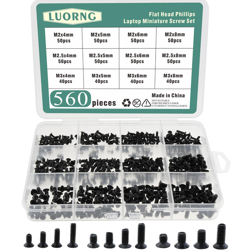 560PCS Black Carbon Steel M2 M2.5 M3 Laptop Replacement Screw Set Countersunk Head Flat Head Phillips Miniature Screws for Dell Samsung HP Sony Laptop