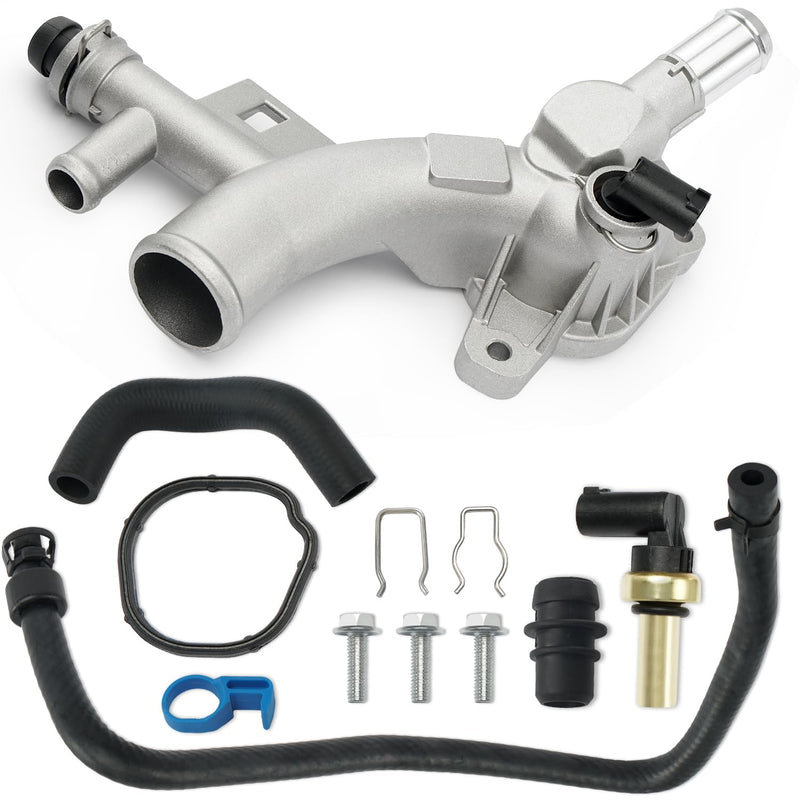 Aluminum Engine Coolant Housing Water Outlet Kit with Hoses Compatible with 2011-2016 Chevy Cruze, 2012-2020 Sonic, 2015-2020 Trax, 2013-2019 Buick Encore 1.4L Replaces 25193922 902-846 13251447 Water Outlet & 2 Hoses