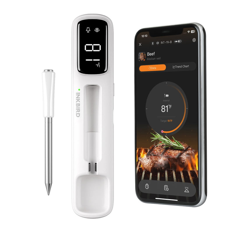 INKBIRD Mini Wireless Meat Thermometer, Bluetooth 5.4,1000ft/305m Ultra Long Connection, 60 Min Offline Data Storage, IP67 Waterproof, White LED Display, Ideal for BBQ, Grill, and Smoker 11I-B