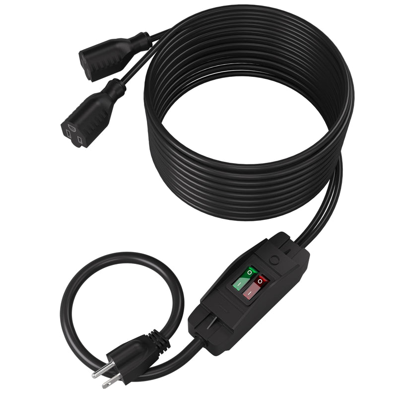 2-Way 3 Prong Extension Cord with Switch ON/Off, Heavy Duty Outdoor Extension Cord Splitter with One NEMA 5-15P Plug and Two NEMA 5-15R Receptacles, Black,15FT 15FT