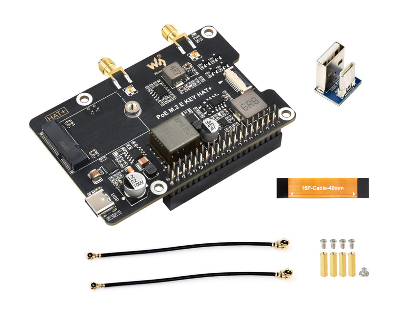 Pi5 PCIe to M.2 E Key Adapter with PoE Function Compatible with Raspberry Pi 5, Support 2230 Size NGFF (M.2 E Key) Wireless NIC-AX210/AX200/BE200/RTL8822CE and Gen2 and Gen3 Modes, HAT+ Standard
