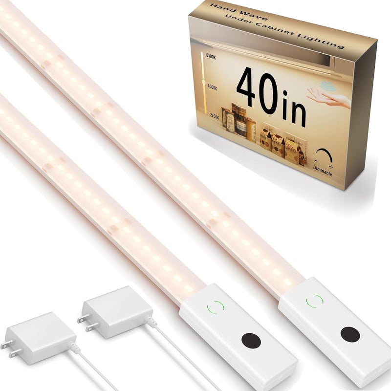 Under Cabinet Light with Hand Wave 40 inch 1090lm,2-Pack Under Cabinet Lighting Plug in,3 Colors Undercabinet Lights for Kitchen,Stick on LED Under Counter Lights for Cabinet,Desk,Shelf 2-Pack