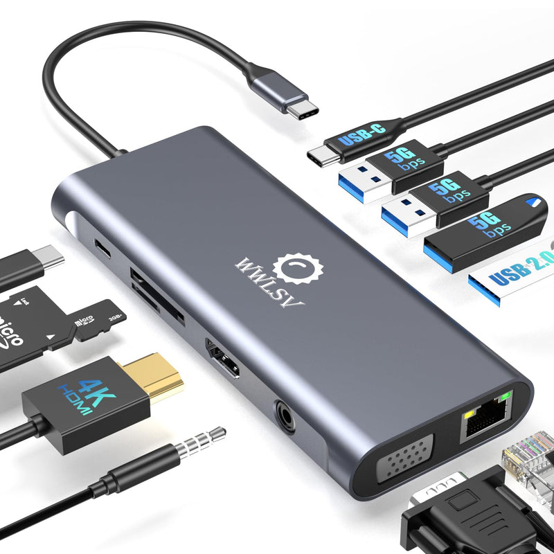 Laptop Docking Station, 12-in-1 USB C Hub – Dual Monitor with 1x 4K@60Hz HDMI, VGA, 100W PD, Ethernet, 3× USB 3.0, USB-C Data Port, SD/TF Card Reader, Audio – Compatible with MacBook, Dell, HP, Lenovo