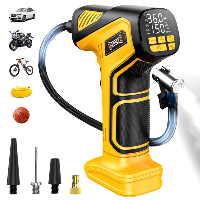 150PSI Tire Inflator Portable Air Compressor: Cordless Air Pump Compatible with Dewalt 20V Battery - Car Tire Pump with Digital Pressure Gauge & LED Light for Auto, Motorcycles(Bare Tool) 150 PSI Yellow- Compatible With Dewalt 20v(baretool)