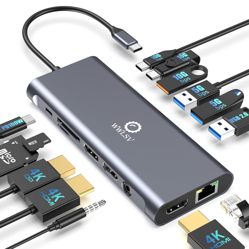 Docking Station 3 Monitors for HP/MacBook/Dell/Lenovo/Surface, USB C Docking Station with Dual 4K@60Hz HDMI & 4K DP, 14-in-1 USB C Hub with 100W PD, USB-A/C 3.1, 1Gbps Ethernet, SD/TF, 3.5mm Audio/Mic