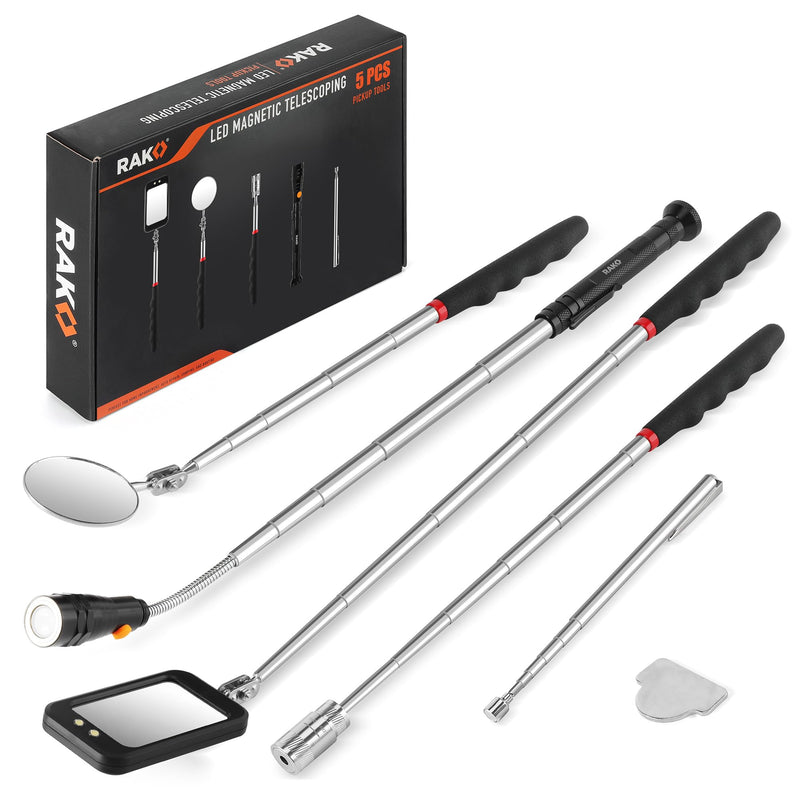 RAK Magnetic Pickup Tool Set Gifts for Men - 5Pcs with 360 Swivel Inspection Mirrors, Telescoping Magnet Pickup Tool, Flexible LED Flashlight, Mechanic Tools & Cool Gadgets for Men, Dad, Husband 5 Pcs Magnetic Pickup Tool Set