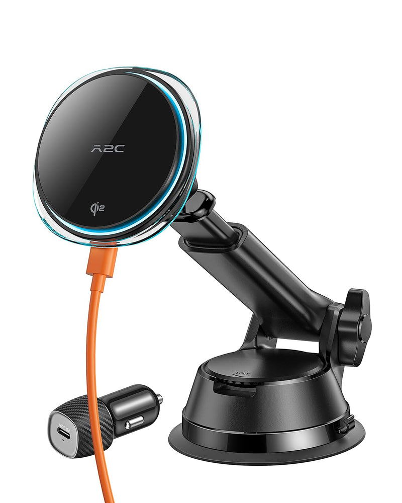 A2C for Qi2 15W Magsafe Car Mount Charger for Dashboard, Qi2-Certified Wireless MagSafe Car Charger with Semiconductor Cooler, Vacuum Magnetic Phone Holder for iPhone 17-12 Series [with PD Adapter]