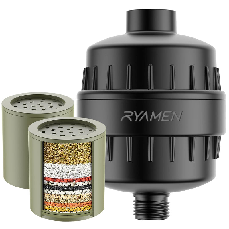 Ryamen Heavy Duty Shower Filter, Shower Water Filter, 99% REMOVAL Shower Head Filter for Hard Water, Heavy Metals, Chlorine (2 Cartridges, Black) 2 Filters