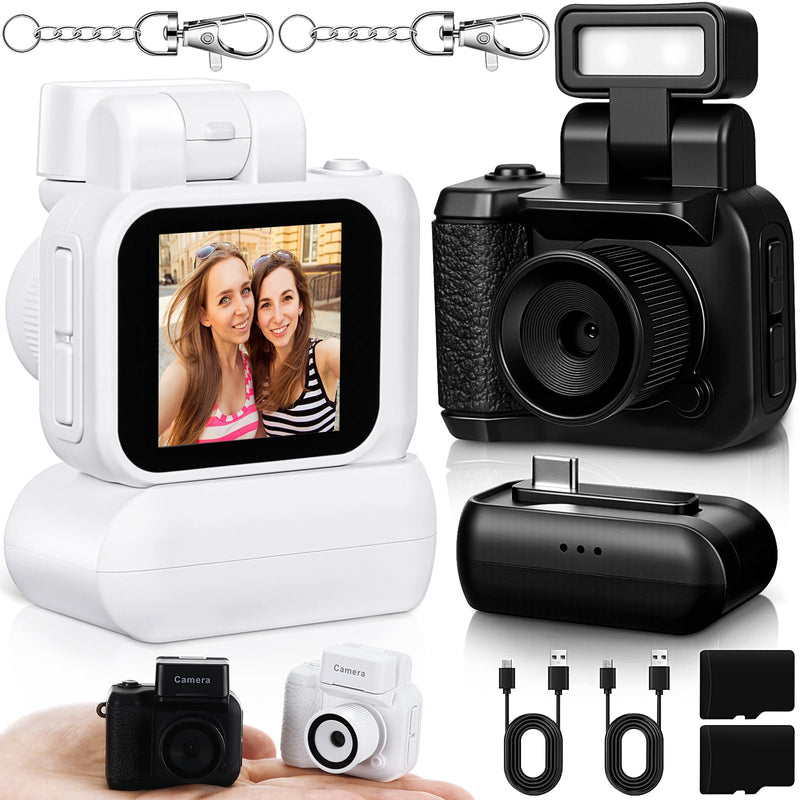 2 Sets Mini Keychain Camera 1080p Small Retro Portable Photo Video Camera 600 Mins Battery Life 16 GB Micro Video Camcorder with Flash Light for Travel Study Recording (Black & White)