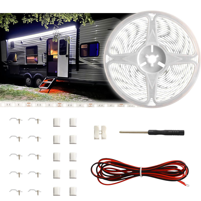 20FT RV Awning LED Light Strip, 12V Fixed Brightness Camper Awning Lights Waterproof, Motorhome Exterior Underglow Lighting Strips Kit for Canopy Parties BBQ Food Truck Decor