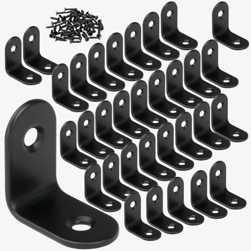 50 PCS 1"x1"L Brackets Corner Braces with 100 PCS Screws, Right Angle Brackets, Black Stainless Steel L Shape Bracket Support for Woodworking, Furniture, Shelf, Cabinet,Drawer, Chair Repair 25X25MM