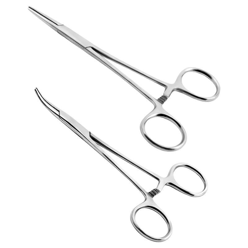 Ainiv 2 Piece Hemostat Curved and Straight Stainless Steel Self-Locking Fishing Forceps Piercing Remover Tool Piercing Grabber Tool for Nurses Pet Grooming Care Fishing DIY Crafting(5") 5" 2pcs Silver(straight+curved)