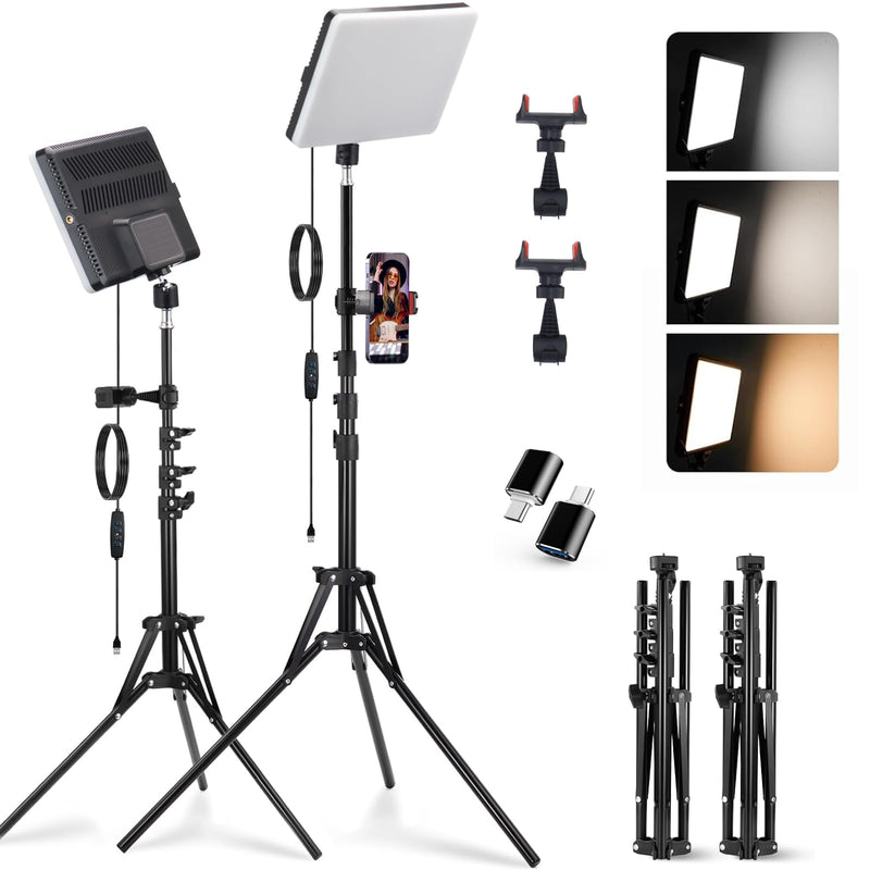 2-Pack LED Video Light Kit, Velvora 15W Photography Lighting with 28"-60" Adjustable Tripod & Phone Holder, 2700-7500K Bi-Color Dimmable Panel (CRI 95+), for Live Streaming, Podcast, Studio & YouTube