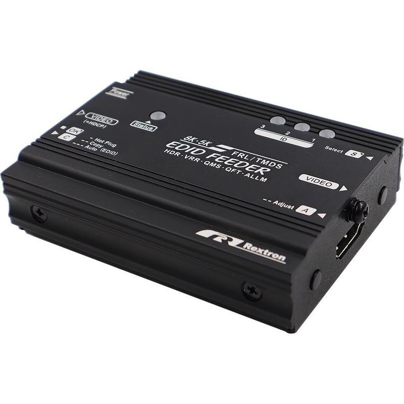 Rextron 8K HDMI 2.1 EDID Feeder – EDID Emulator, HDMI 2.1, 3+1 Memory, Built-in Video Booster, HDCP 2.2/1.4, 7680x4320@60Hz 4:4:4, Dynamic HDR, DSC, VRR, QMS, QFT, ALLM, USB Powered, VDDC-8K10