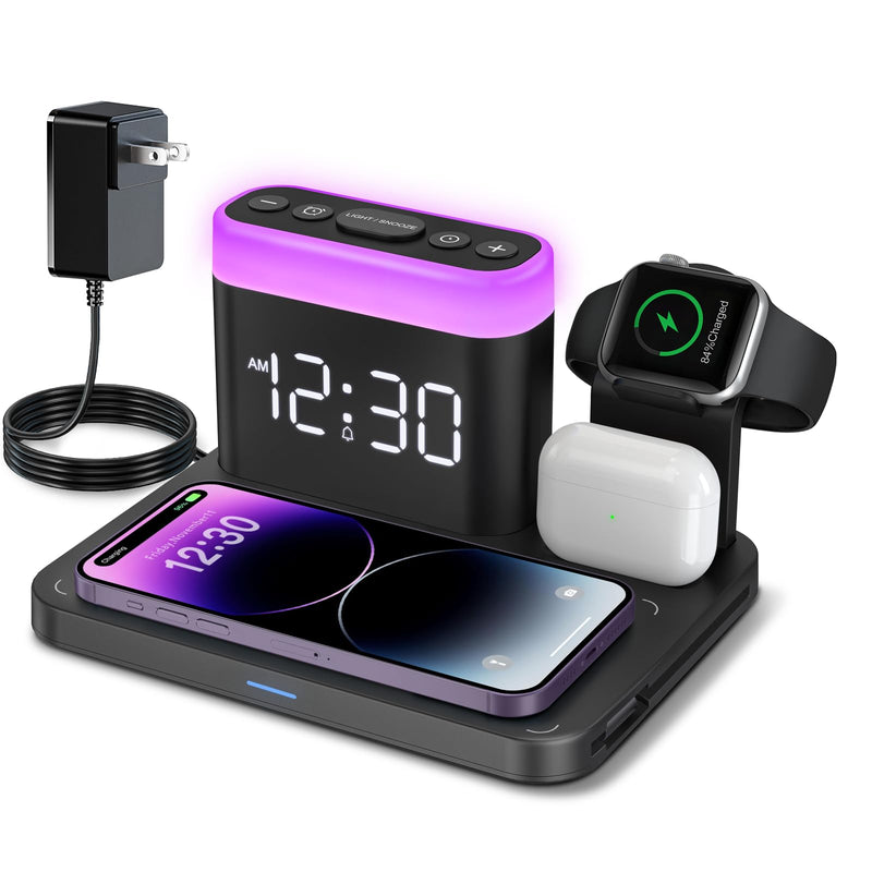 ANJANK Wireless Charging Station,5 in 1 Multiple Charger Stand with Alarm Clock,7 Night Light,Mag-Safe Charging Dock for iPhone 17 16 15 14 13 12 Pro Max Plus,Apple Watch 11/10/9/8,for Airpods,Bedroom Black