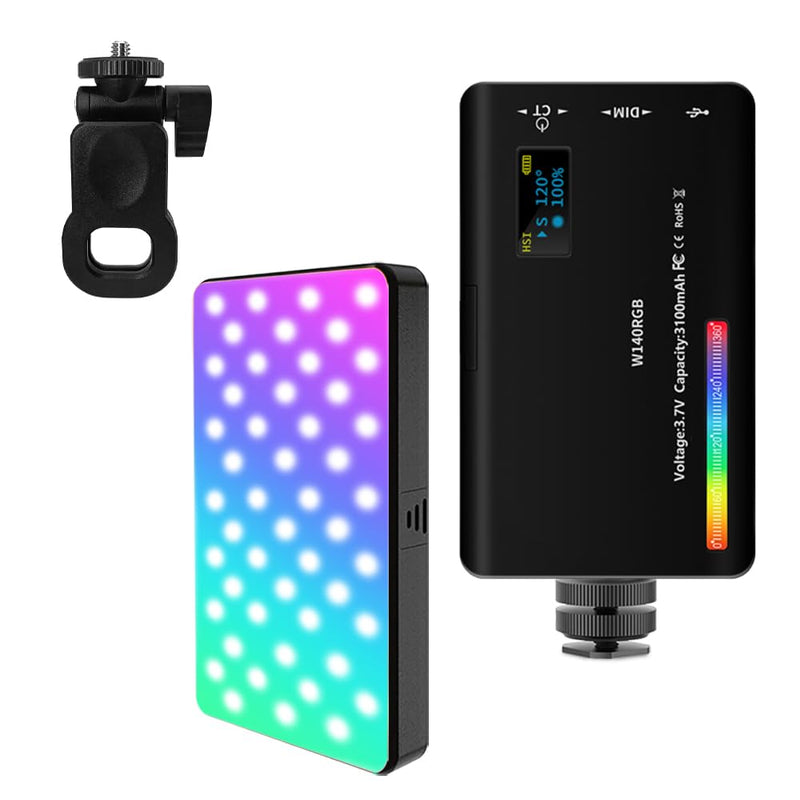 RGB Video Light with Multi Functional Stand, 140 Lamp Beads 360° Full Color LED Camera Light with 3 Cold Shoe CRI≥95 2500K-9000K±200K, 2000mAh Rechargeable Photography Lighting with 20 Scene Modes W140RGB