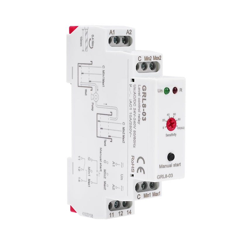 ZPSHYD Liquid Level Control Relay, GRL8-03 AC/DC 24-240V 10A Wide Voltage Electronic Water Level Controller with Sensitivity Adjustment, DIN Rail Mount for Water Tank Pump and Well Management