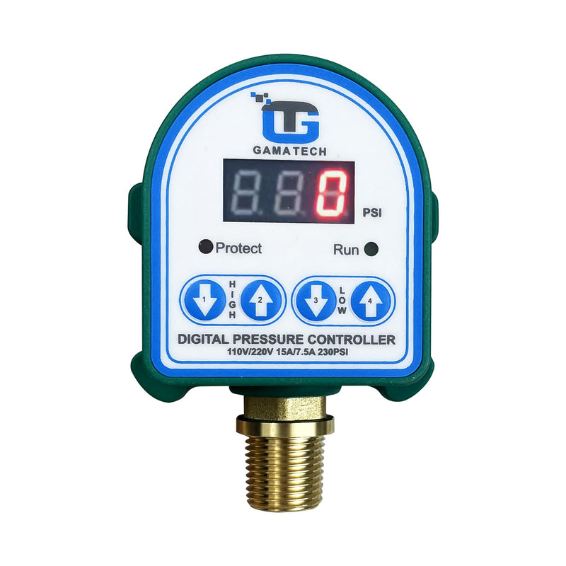 GamaTech 110V/220V 15A/7.5A Digital Adjustable Pressure Switch Controller for Water Pump and Air Pump, 1/2" Male NPT, 0-230 Psi 110V/220V 15A/7.5A 230PSI
